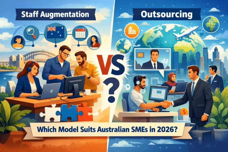 Illustration comparing staff augmentation and outsourcing for Australian SMEs, showing remote team collaboration on one side and outsourced business services with global connectivity on the other.