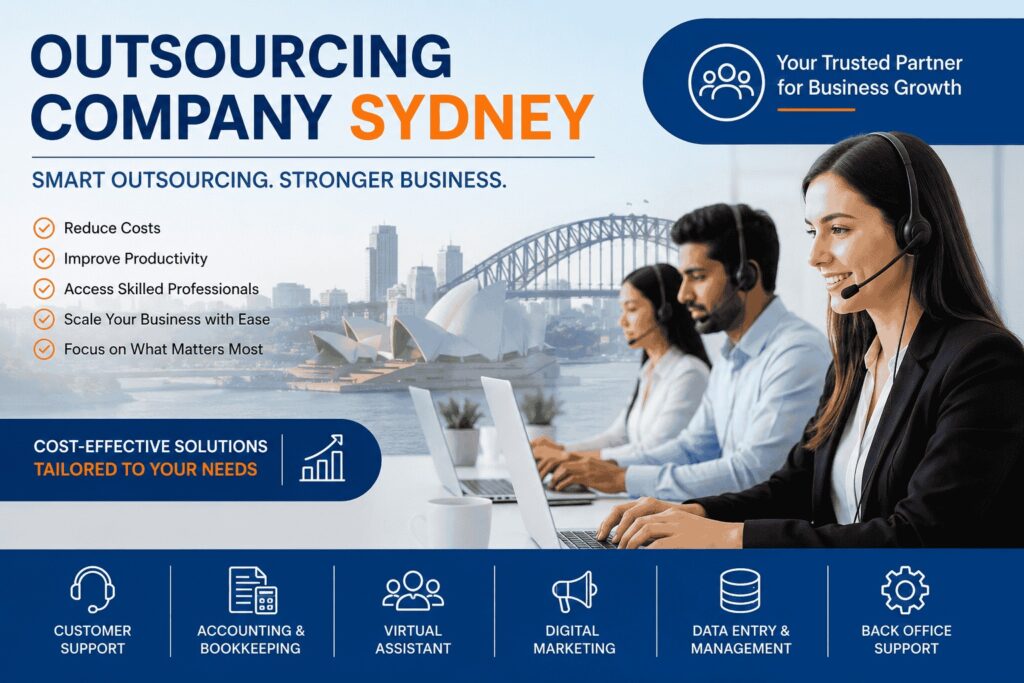 Professional outsourcing company in Sydney providing virtual assistants, accounting, bookkeeping, customer support, digital marketing, data entry, and back-office support services for businesses.
